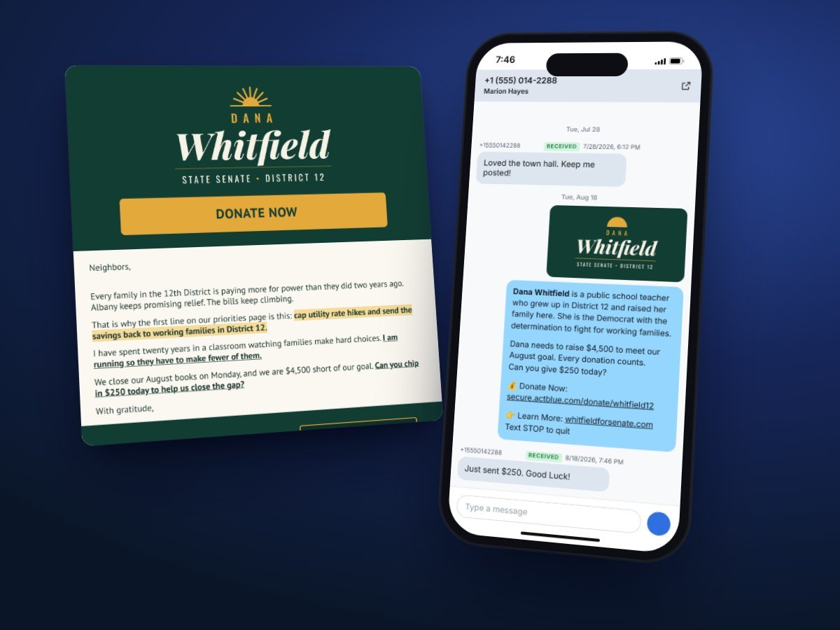 A campaign email and a text thread where the donor replies that they just sent $250