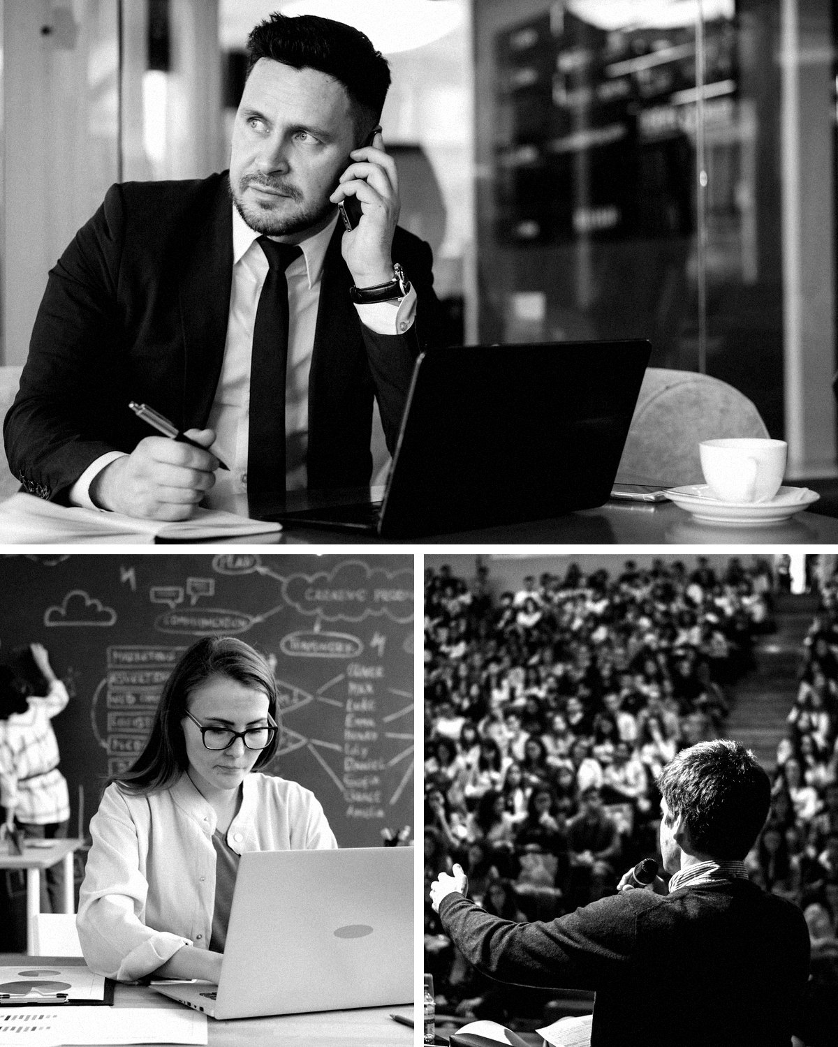 A candidate on the phone at his desk, a staffer working on a laptop, and a candidate speaking to a full room